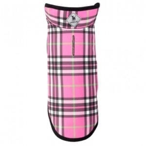 A pink plaid oven mitt with a black and white pattern.