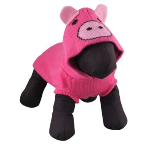 A pink pig with a hood on it's head.