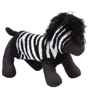 A stuffed zebra is standing up and looking at the camera.