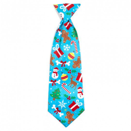 A blue tie with christmas decorations on it.