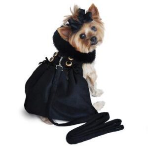 A dog wearing a black dress and fur collar.