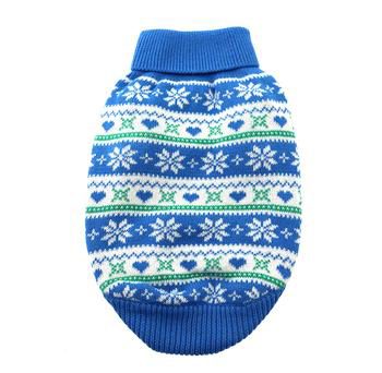 A blue sweater with white and green snowflakes.