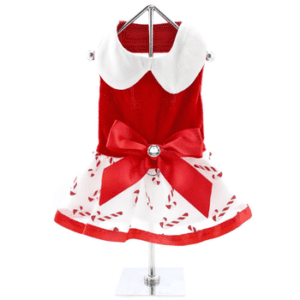 Holiday dog harness dress with candy canes