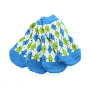 A blue and green argyle pattern socks.