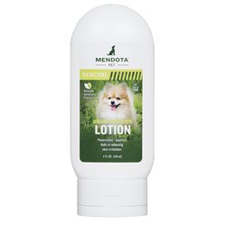 A bottle of lotion for dogs with a picture of a dog on it.
