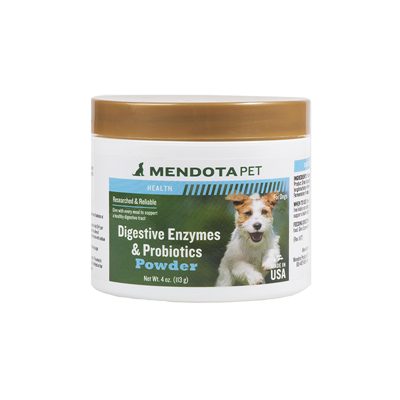 A jar of dog digestive enzymes and probiotics powder.