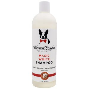 A bottle of white shampoo for dogs.