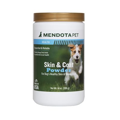 A can of skin and coat powder for dogs.