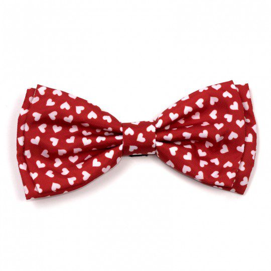 A red bow tie with white hearts on it.