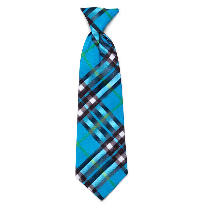 A blue plaid tie is shown on a white background.