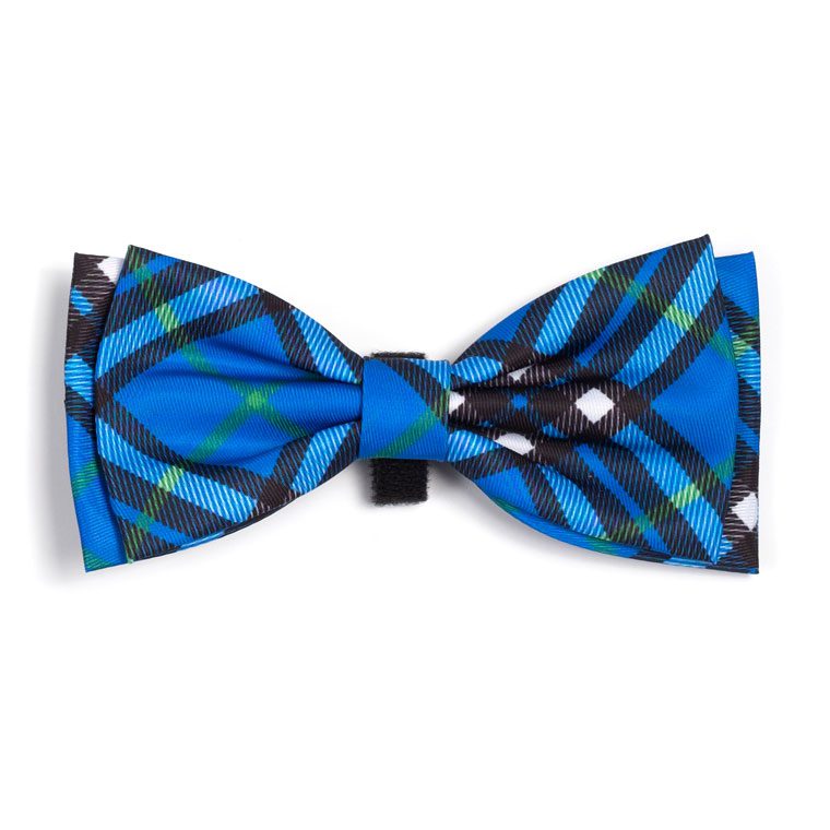 A blue bow tie with black and white pattern.