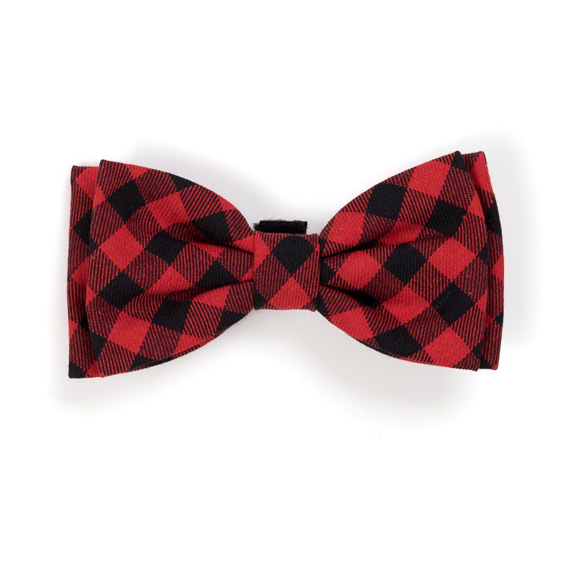 A red and black bow tie is shown.