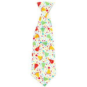 A tie with colorful party hats and confetti on it.