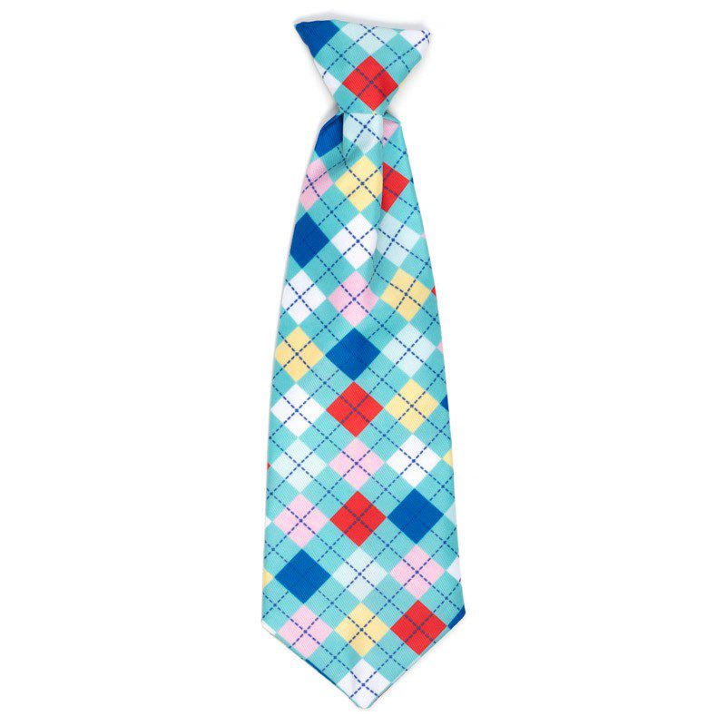 A blue tie with red, yellow and white squares.