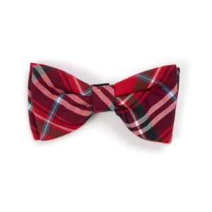 A red bow tie with blue, green and white plaid.