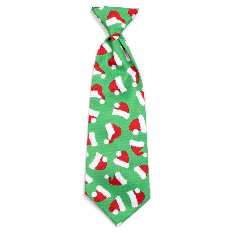 A green tie with red and white hats on it.