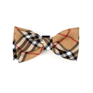 A bow tie that is tan and black.