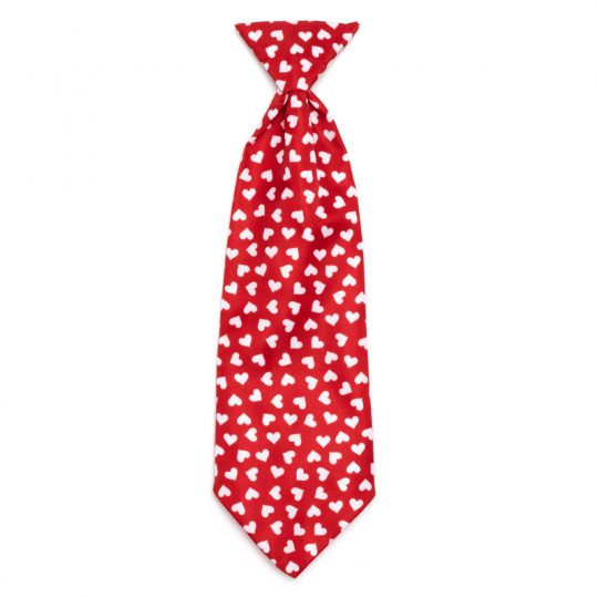 A red tie with white hearts on it.