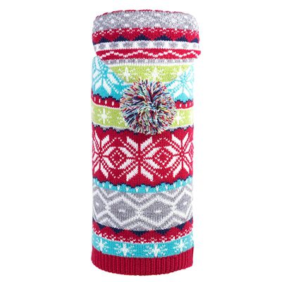 A bottle holder with a colorful pattern on it.