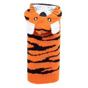 A tiger bottle holder with a face on it.