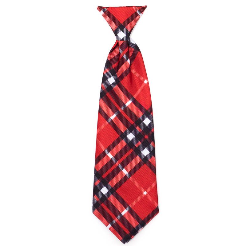A red and black plaid tie is shown.