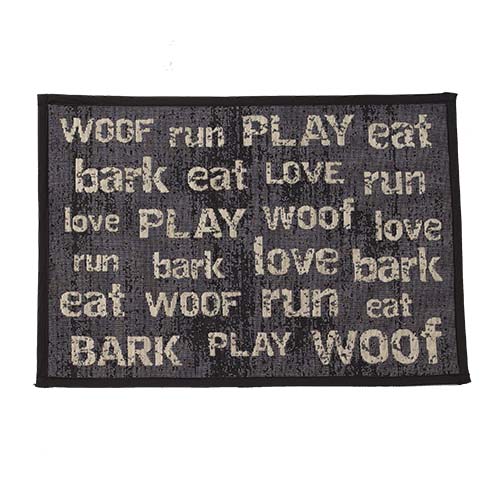 A dog mat with words written in it.