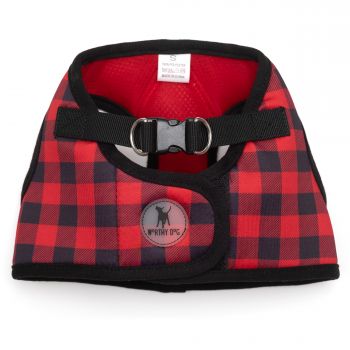 A red and black plaid harness with a leash attached.