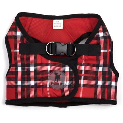 A red plaid harness with black trim and buckle.
