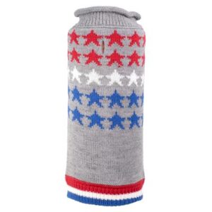 A gray sweater with red, white and blue stars on it.