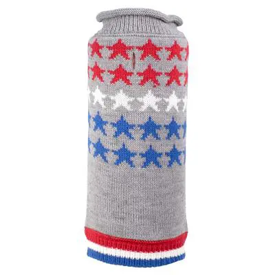 A gray sweater with red, white and blue stars on it.
