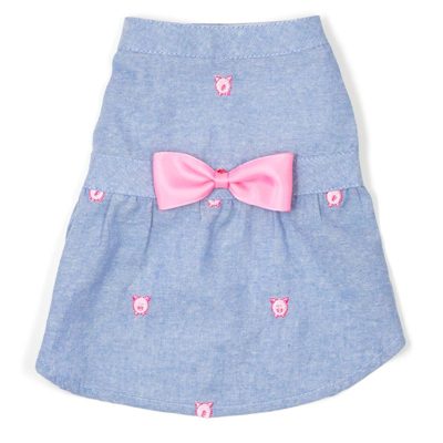 A blue dress with pink bow on it.