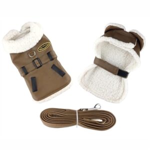 A dog 's harness and leash are next to the coat.