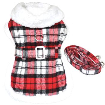 A red and white plaid dog coat with a leash.