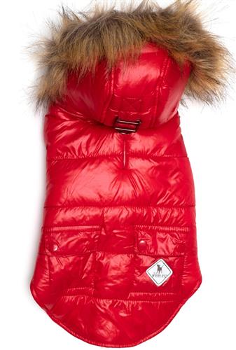 A red coat with fur on top of it.