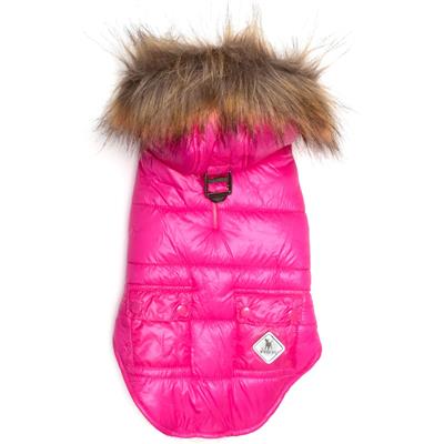 A pink coat with fur on top of it.
