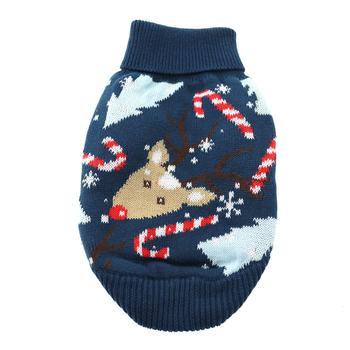 A dog sweater with an image of a reindeer on it.