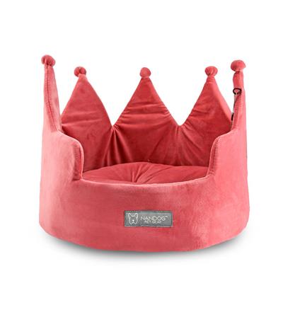 A pink crown shaped bed for dogs.