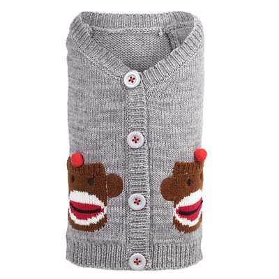 A gray sweater with two monkeys on it.