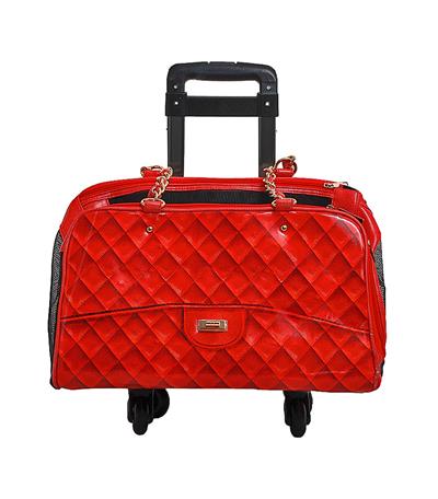 A red bag with wheels on it
