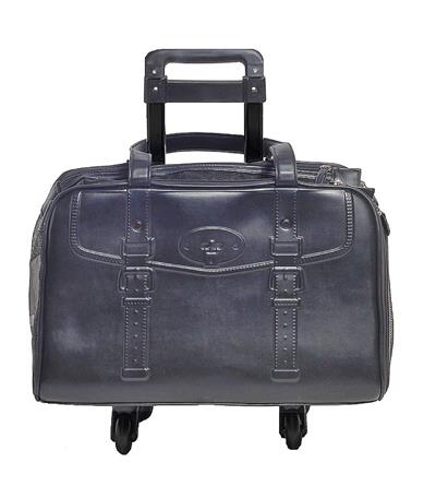 A black rolling briefcase with wheels on the bottom.