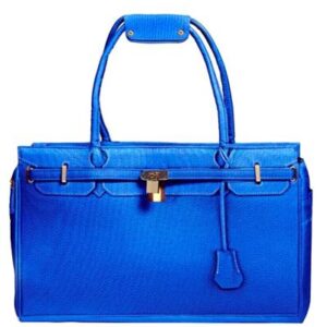 A blue purse is shown with a lock.