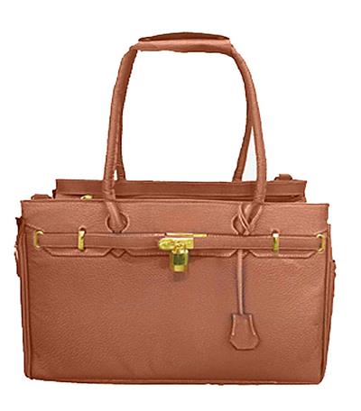 A brown purse with gold hardware and handles.
