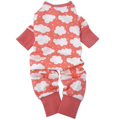 A pink and white cloud print pajamas for dogs.
