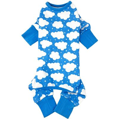A blue and white cloud print pajamas with sleeves.