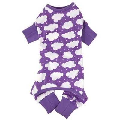 A purple dog pajamas with white clouds on it.