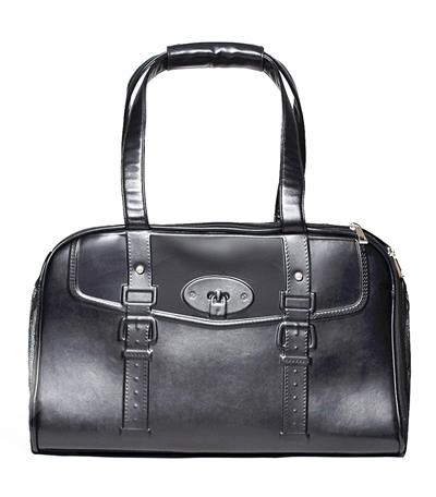 A black bag is shown with a silver clasp.