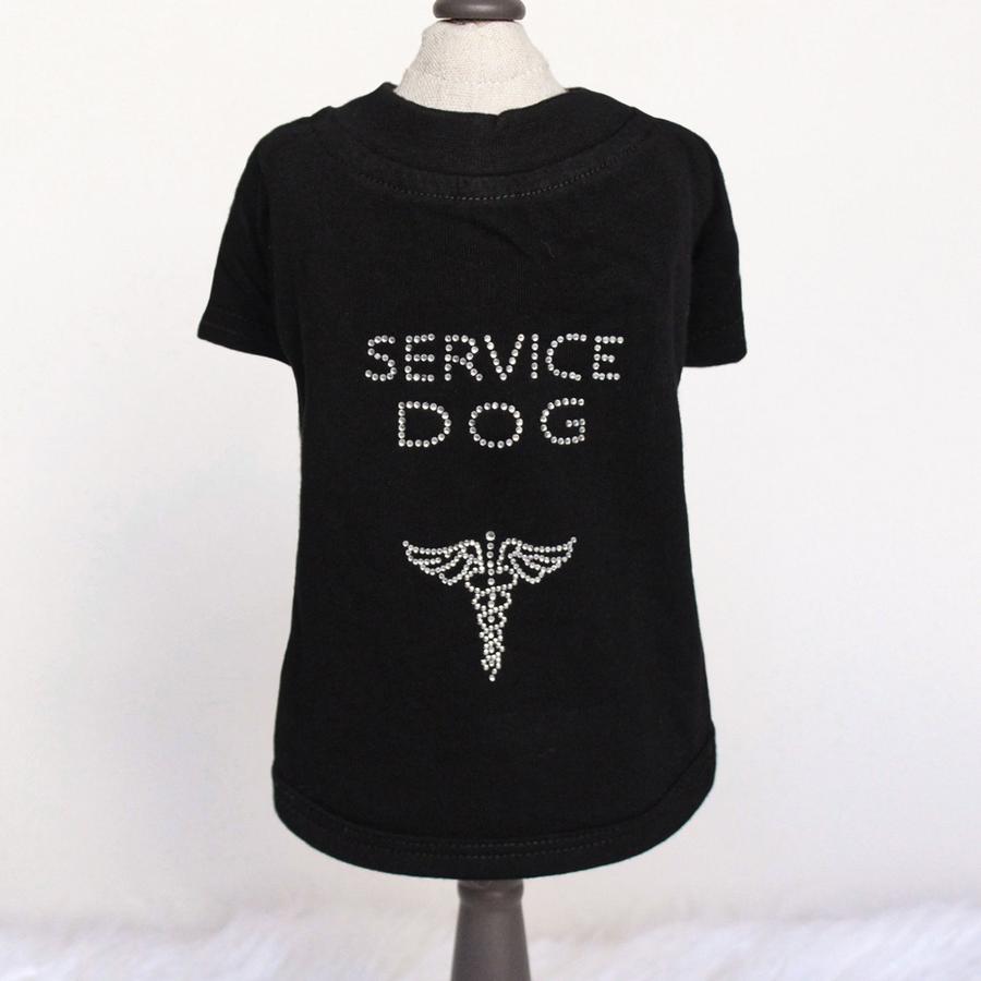A black shirt that says service dog with an image of a medical symbol.