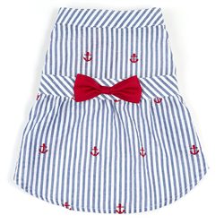 A striped shirt with red bow tie and anchors on it.