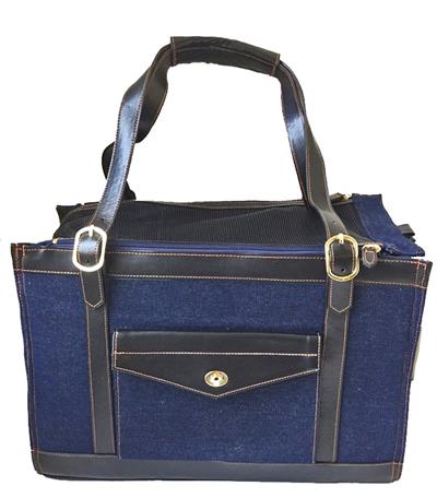 A blue bag with black leather trim and handles.