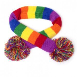 A rainbow colored scarf with two pom poms.